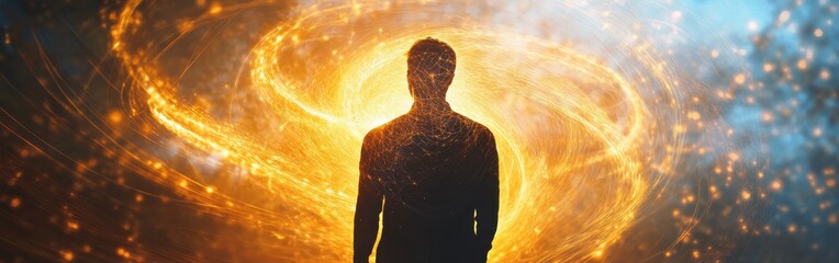 Aufkleber - Man surrounded by glowing energy in a surreal landscape at dusk, representing transformation and enlightenment