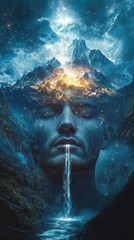 Poster - Conceptual depiction of a glowing man's face merging with majestic mountains and a cascading waterfall in a surreal landscape