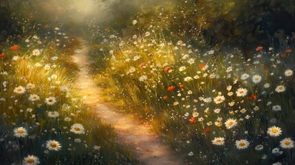 Aufkleber - Charming dirt trail weaving through a vibrant field of wildflowers during golden hour