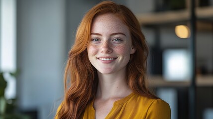 Aufkleber - Bright and modern professional headshot of a smiling woman with red hair and freckles in an office setting