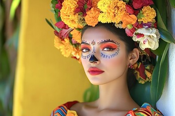 Woman adorned with intricate day of the dead makeup, surrounded by a vibrant floral crown. The colorful attire and detailed face paint highlight the cultural significance of the celebration