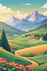 Wall Mural - scenic view of rolling hills and majestic mountains under a clear sky during a sunny day in the coun