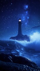 Aufkleber - Majestic lighthouse stands tall against the night sky filled with stars and crashing waves capturing the beauty of nature's elements