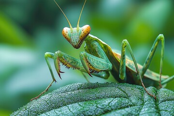 A Vibrant Green Praying Mantis on a Leaf