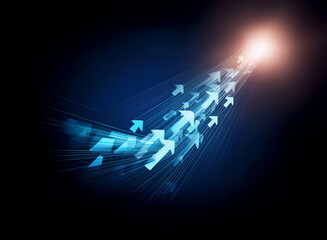 Aufkleber - Arrows ascend towards a glowing light on a dark backdrop, representing upward movement, direction, and bright future, symbolizing progress and aspiration.