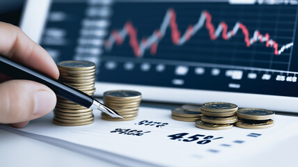 Poster - financial planning concept: close-up of a hand with a pen pointing at stacks of coins against a back