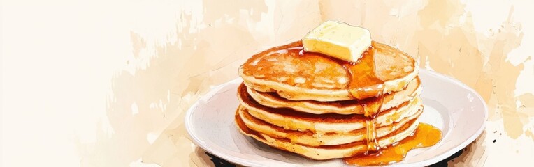 Poster - Close-up of a stack of fluffy pancakes drizzled with syrup and topped with butter on a simple plate