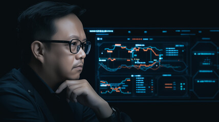 Poster - Man in glasses contemplating data on a screen
