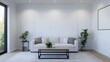 © watcharee - A modern, minimalist living room featuring a white sofa, a wooden coffee table, and green plants, illuminated by soft lighting.