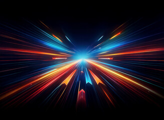 Fototapete - vibrant light streaks burst from a central point, radiating outwards with dynamic motion on a dark b