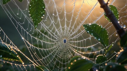 A glistening spiderweb at sunrise, adorned with dewdrops, captures the morning light. The intricate design is highlighted against the soft, warm background.