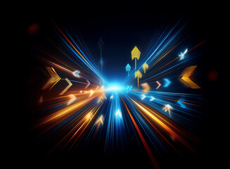 Fototapete - Dynamic arrows with bright light streaks on a dark backdrop. Arrows point in various directions, creating a sense of motion and energy with blue and orange hues.