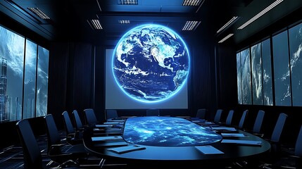Poster - A holographic globe with animated weather patterns, floating in a conference room 