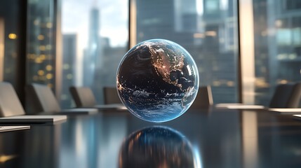 Poster - A holographic globe with animated weather patterns, floating in a conference room 