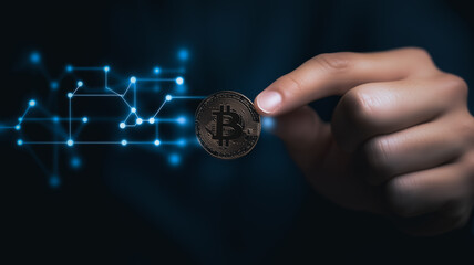 Poster - a hand delicately holding a bitcoin, with a glowing network behind it, symbolizing the digital currency's interconnectedness 