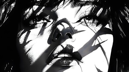 Poster - striking high contrast black and white graphic art with dramatic manga style shading bold lines and 
