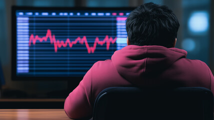 Poster - a man sits before a computer screen displaying a volatile stock market graph, his posture suggesting