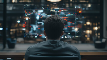Poster - a man sits at his desk, intensely focused on a large monitor displaying complex data graphs and char