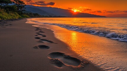 Wall Mural - Sunrise beach footprints, tropical location, calm waves,  sunset views