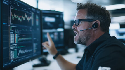Poster - a focused and determined man sits in front of multiple computer monitors, passionately analyzing dat
