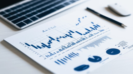 Poster - a financial report with a line graph and pie chart spread out on a desk with a pen, a laptop and mou