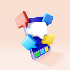 Fototapete - 3D colorful speech bubbles on smartphone. Render collection of chat balloon pin. Notification shape mockup. Communication, web, social network media, app button. Realistic vector illustration