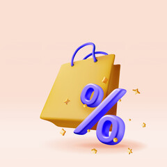 Poster - 3D shopping bag with percent sign isolated. Render realistic gift bag. Sale, discount or clearance concept. Online or retail shopping symbol, black friday. Fashion handbag. Vector illustration