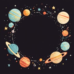 Poster - Colorful space-themed illustration featuring celestial bodies and stars in a circular design