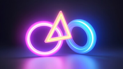 Poster - Intertwined neon circles and a triangle create a vibrant, futuristic design, glowing against a dark background