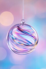 Poster - Transparent glass sphere with iridescent swirls hanging from a string against a soft, pastel colored background, creating a dreamy and ethereal atmosphere