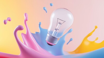 Poster - Light bulb floats on colorful paint splashes, symbolizing the power of creative inspiration and innovative thinking
