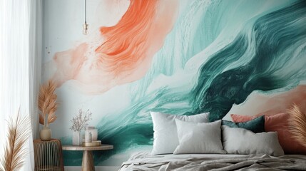 Poster - Elegant living space with artistic wall mural showcasing soft hues and flowing shapes in a cozy setting