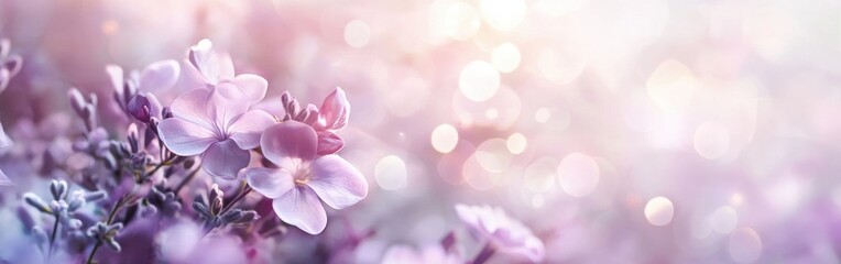 Aufkleber - Soft lilac and deep plum bokeh lights create a dreamy atmosphere with blooming flowers in the background