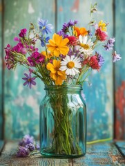 Aufkleber - Close-up of a glass jar filled with colorful wildflowers and natural wooden textures in a rustic setting