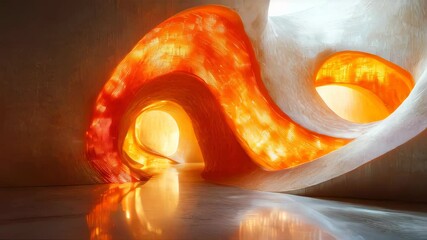 Poster - Futuristic illuminated sculptural installation with organic flowing shapes and glowing orange light