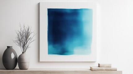 Aufkleber - Bold abstract art piece on a white canvas with blue tones displayed in a modern interior setting