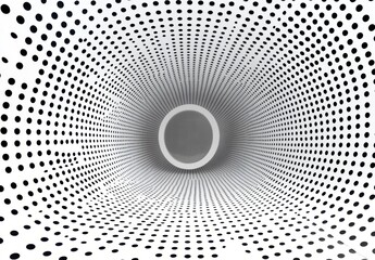 Fototapete - Abstract grayscale image featuring a tunnel like structure composed of varying sized black and white dots, creating a sense of depth and perspective