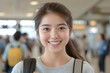 © Sandor - Young asian woman in her late 20s smiling warmly in a bustling public area, capturing a moment of positivity and connection amidst the crowd