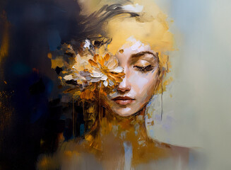 Aufkleber - A serene woman portrait with closed eyes is depicted in an abstract painting style. Yellow, white, and dark blue hues create an artistic and calming atmosphere.