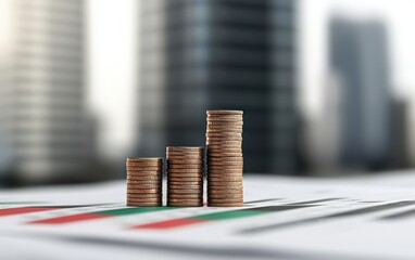 Poster - A close-up view of stacked coins on a financial chart, symbolizing growth and investment in a modern urban setting.