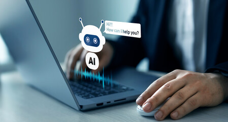 Poster - Online support Chatbot conversation.Virtual assistant, artificial intelligence Bot and CRM software automation technology.Customer person using chat service to get support.