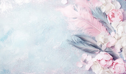 Aufkleber - Delicate pastel background with pink and blue feathers, soft petals, and subtle glitter