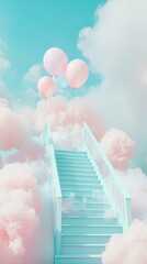 Poster - Whimsical pastel mint staircase leading to floating balloons in a dreamy gradient sky