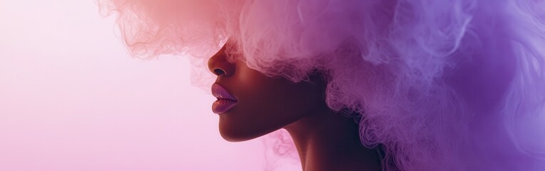 Aufkleber - Portrait of a woman in profile with vibrant watercolor gradient background in soft pinks and purples
