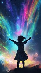 Aufkleber - Child radiating joy amidst a swirling cosmos at dusk highlighting vibrant colors and imagination