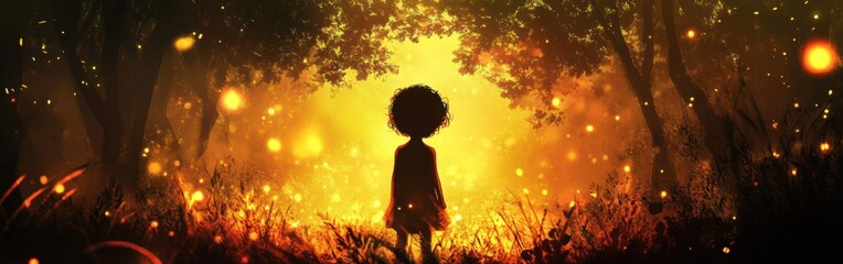 Aufkleber - Child glows brightly in a magical forest at dusk surrounded by sparkling lights