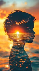 Poster - Child silhouette illuminated by a sunset over the ocean