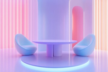 Poster - Modern round table and two futuristic armchairs illuminated by neon lights in a pastel colored room, creating a stylish and contemporary atmosphere