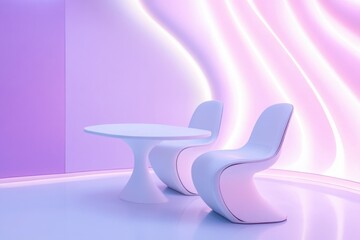 Poster - Modern white table and chairs standing in violet room with futuristic wavy wall design, creating a minimalist and stylish atmosphere
