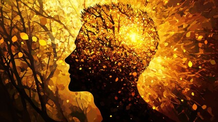 Aufkleber - Portrait of a man with a luminous nature scene blending into his silhouette in a vibrant setting